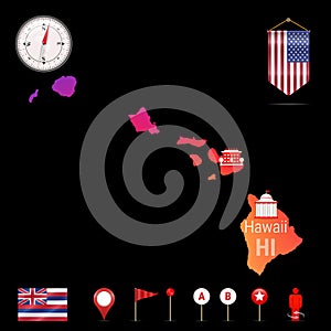 Hawaii Vector Map, Night View. Compass Icon, Map Navigation Elements. Pennant Flag of the USA. Industries Icons