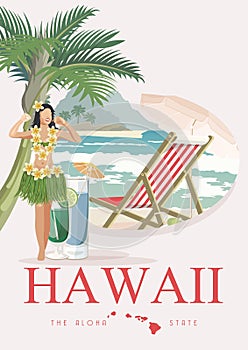 Hawaii vector travel illustration with airplane. Aloha! Summer template. Beach resort. Sunny vacations