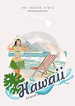 Hawaii vector travel illustration. Aloha state. Summer template. Beach resort. Sunny vacations