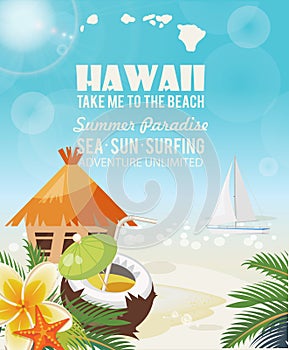 Hawaii vector travel illustration with coco. Summer template. Beach resort. Sunny vacations
