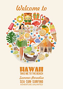 Hawaii vector travel illustration. Summer template. Beach resort. Sunny vacations