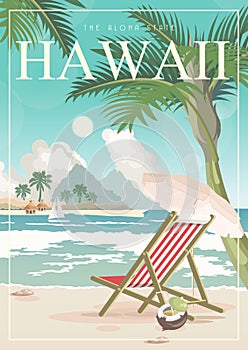 Hawaii vector travel illustration. Summer template. Beach resort. Sunny vacations in retro style photo