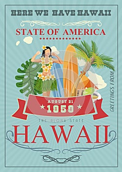 Hawaii vector travel illustration. Summer template. Beach resort. Sunny vacations in vintage style