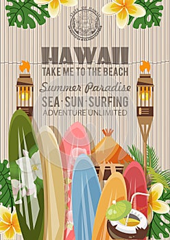 Hawaii vector travel illustration with surfboards. Summer template. Beach resort. Sunny vacations