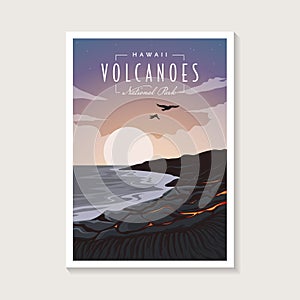 Hawaii Volcanoes National Park poster illustration, beautiful beach and lava scenery poster