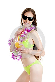 Hawaii woman in bikini wearing flower lei garland of pink orchid