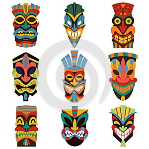 Hawaiian, african or aztec tiki masks. Vector set of icons