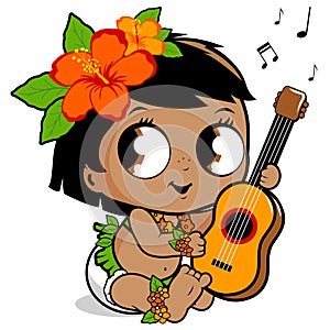 Hawaiian baby girl playing the ukulele. Vector illustration