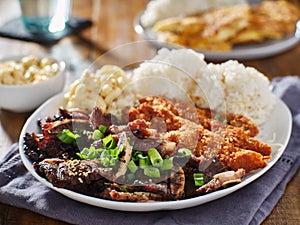 Hawaiian bbq plate with mix of chicken katsu, korean kalbi beef short ribs, rice, and macaroni salad