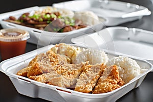 Hawaiian bbq in take out tray with chicken katsu