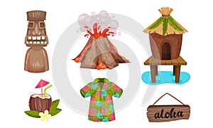 Hawaiian Beach Attributes and Tropical Symbols with Cocktail and Hut Vector Set