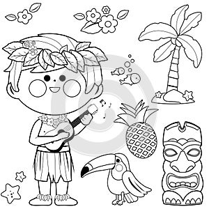 Hawaiian boy playing music with his guitar. Child on summer island vacations at the beach. Vector black and white coloring page
