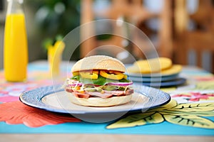 hawaiian burger with ham and pineapple on a tropical placemat