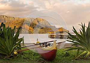 Hawaiian canoe by Hanalei Pier photo