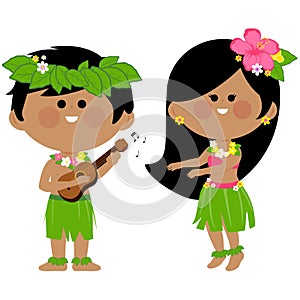 Hawaiian children playing music and hula dancing. Vector illustration