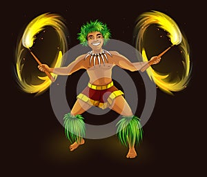 Hawaiian dancer with fiery torches in traditional national dress. Hula Dance and Fire Show.