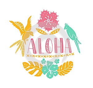 Hawaiian design elements. Aloha word with traditional patterns, tropical leaves and flowers, two parrots. Vector summer