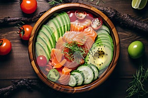 Hawaiian dish with salmon, avocado and cucumber