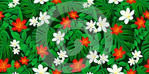 Hawaiian flowers repeat background. Tropical rainforest vector illustration. Hibiscus floral seamless pattern with exotic tropic