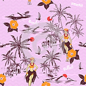 Hawaiian girl island. seamless pattern on wave background. Tropical vector in hand drawn with hibiscus Flowers and plam tree