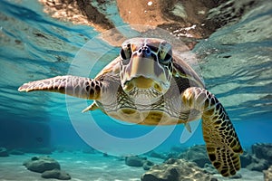 Hawaiian Green Sea Turtle Chelonia mydas, Green sea turtle swimming in turquoise sea water, captured through an underwater photo,