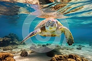 Hawaiian Green Sea Turtle Chelonia mydas, Green sea turtle swimming in turquoise sea water, underwater photo, AI Generated