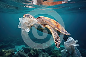 Hawaiian Green Sea Turtle Chelonia mydas in the ocean, Sea turtle with plastic bags in the ocean. Concept of environmental