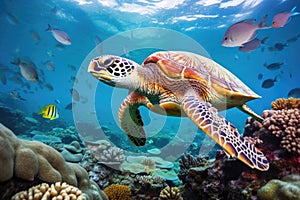 Hawaiian Green Sea Turtle Chelonia mydas in the Red Sea, Beautiful turtle swimming among fishes in blue water of ocean, AI