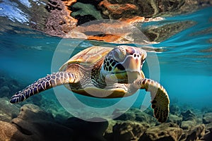 Hawaiian Green Sea Turtle Chelonia mydas swimming underwater, Green sea turtle swimming around colorful coral reef formations in