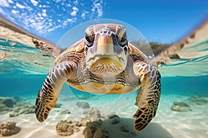 Hawaiian Green Sea Turtle Chelonia mydas swimming underwater, Green sea turtle swimming around colorful coral reef formations in