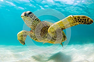 Hawaiian Green Sea Turtle cruising in the warm waters of the Pacific Ocean