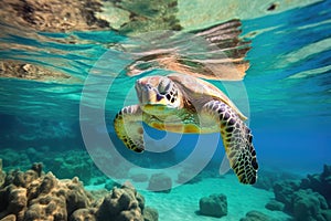 Hawaiian Green Sea Turtle swimming in the deep blue ocean, Green sea turtle swimming in turquoise sea water, underwater photo, AI