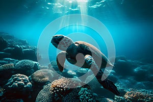 Hawaiian Green Sea Turtle swimming underwater in the sea