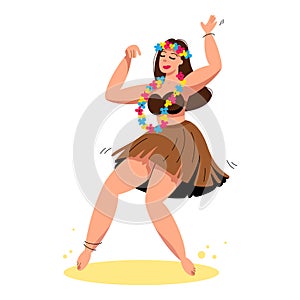 Hawaiian hula dancer, dancing in traditional costume. Flat vector illustration