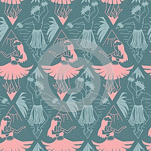 Hawaiian Hula dancers seamless vector pattern pink blue. Hula girls and dancing men repeating background. Hand drawn Hawaiian