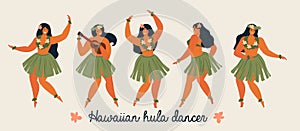 Hawaiian hula dancers young pretty woman. Vector illustration.