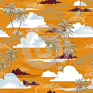 Hawaiian island ocean vibes, palm tree, mountain ,sea waves moon and clouds in yellow summer background seamless pattern