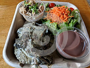 Hawaiian Lau Lau plate Served with Fresh/Day Old Poi in bowl, salad, Tofu poke