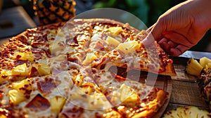 A Hawaiian pizza featuring pineapple and ham with hands reaching for a slice