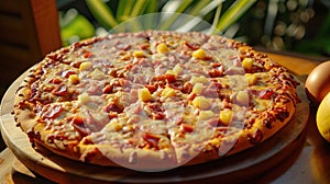 A Hawaiian pizza featuring pineapple and ham with hands reaching for a slice