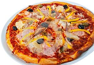 Hawaiian pizza with pineapple, ham, chicken, cheese, olives and vegetables isolated on white