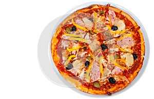 Hawaiian pizza with pineapple, ham, chicken, cheese, olives and vegetables isolated on white