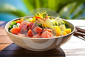 Hawaiian Poke bowl on wooden table over exotic background. Salmon Poke bowl with mango, avocado, green salad and rice. Sushi bowl