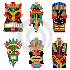 Hawaiian, polynesian, african, aztec tiki masks. Vector set of icons