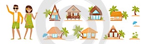 Hawaiian Rest with Happy Man and Woman and Tropical Hut or Bungalow with Palm Tree Vector Illustration Set