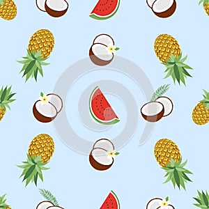 Hawaiian seamless pattern with tropical fruits and flowers. Vector illustration. Easy to use for backdrop, textile