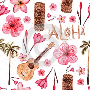 Hawaiian simbols - Luau, Aloha, Tiki, Ukulele, Plumeria, hibiscus, palm tree. Seamless pattern