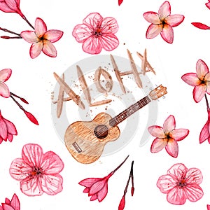 Hawaiian simbols - Luau, Aloha, Ukulele, Plumeria, hibiscus. Seamless pattern. Watercolor illustration. photo