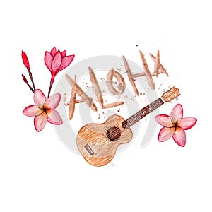 Hawaiian simbols - Luau, Aloha, Ukulele, Plumeria. Watercolor illustration. Isolated on white. photo