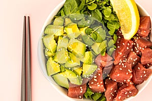 Hawaiian Style Tuna And Avocado Sashimi Poke Food Bowl